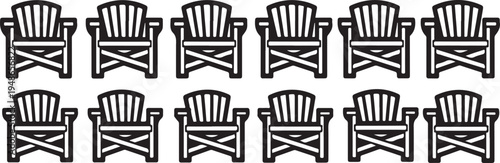 A row of ten classic wooden adirondack chairs in black and white Vector