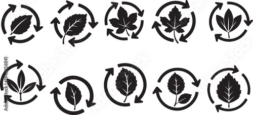 Eco friendly leaf recycling symbols on white background icons