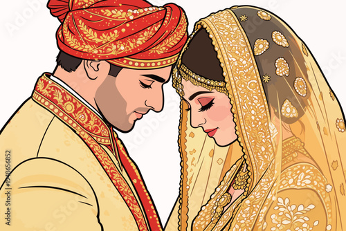 Couple in traditional wedding attire sharing a moment during their ceremony in a decorated indoor venue