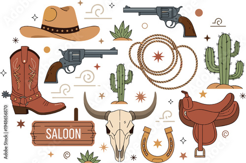 Wild West Cowboy Vector Elements Set with Boots Hat Revolver Cactus Lasso Saddle Horseshoe Saloon Western Illustration Collection