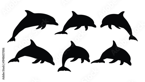 A group of seven dolphins swimming together in harmony in the ocean water