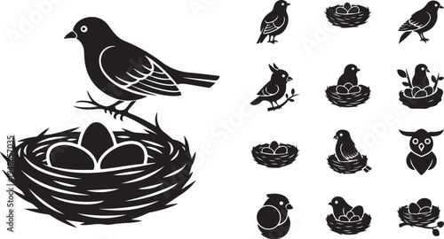 Birds and Nest Silhouette Vector Illustration Set for Design