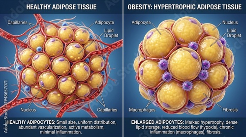 Microscopic comparison of healthy adipose tissue versus hypertrophic fat cells in obesity