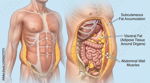 Detailed medical illustration of human body anatomy showcasing subcutaneous and visceral fat accumulation around internal organs
