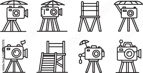 Variety of vintage cameras and film equipment illustrated in a minimalist style Vector
