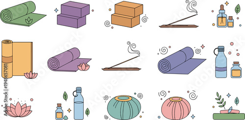 Yoga and meditation accessories collection with mats, incense, candles and wellness items illustration set