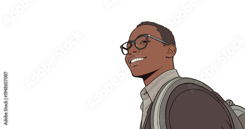 Young man smiles while standing with backpack in a simple setting during daytime