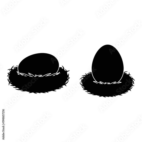 Two eggs nestled in simple woven nests against a plain background Vector, illustration
