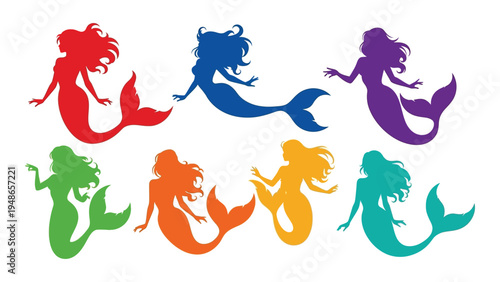 A vibrant and whimsical illustration of seven mermaids in different colors, each with flowing locks and a shimmering tail, arranged in a horizontal row against a crisp white background