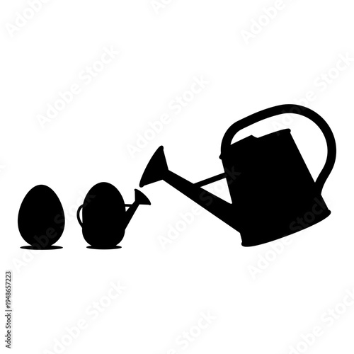 Chicks emerging and being watered from a watering can. Vector, illustration