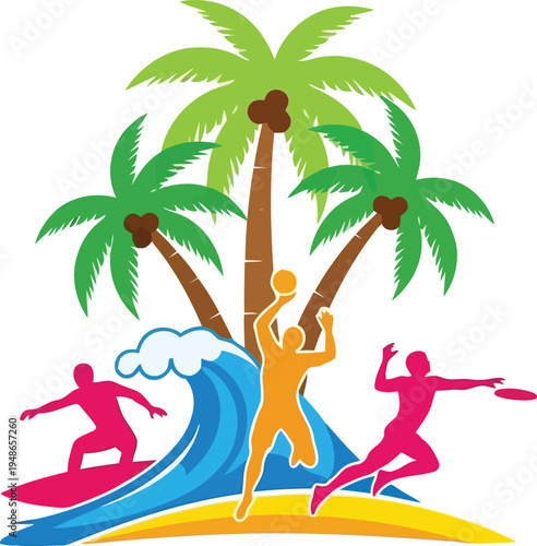 Vibrant Beach Scene with Surfing, Swimming, and Sunbathing Icons