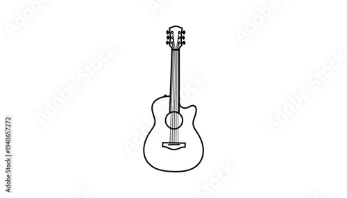 Acoustic Guitar Outline Drawing, Simple Black and White Illustration