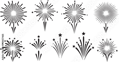 Fireworks Explosions in Black and White Vector Illustrations Set