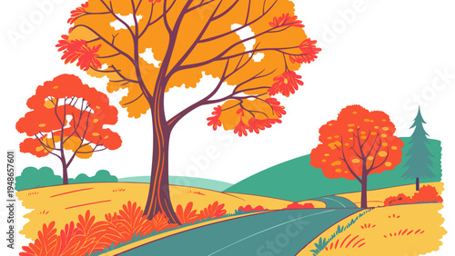 a road lined with trees during autumn Vector