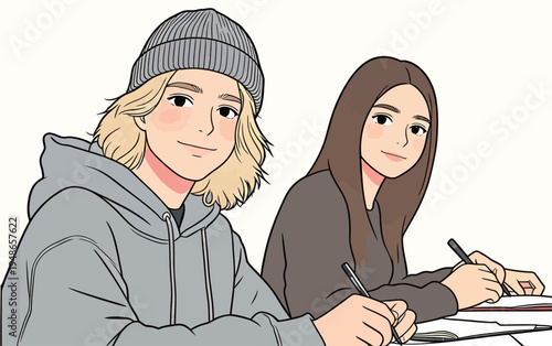 Students working together on school assignments in a classroom setting