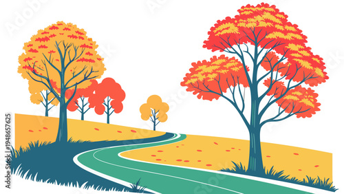 a winding road lined with trees in autumn colors Vector