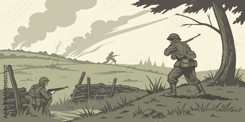 soldiers on a battlefield with smoke rising Vector