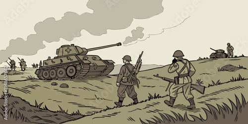 soldiers and tank on a battlefield Vector