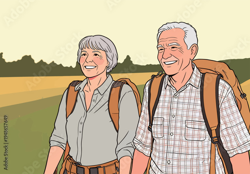 Two older adults walking on a trail in a grassy field during late afternoon