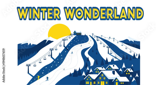 Winter Wonderland Ski Resort Scene with Snowboarders, Ski Lifts and Cabins