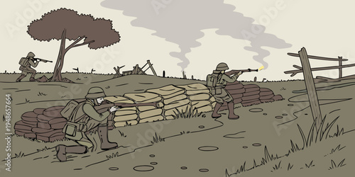 a soldier is standing on a battlefield with a fence Vector