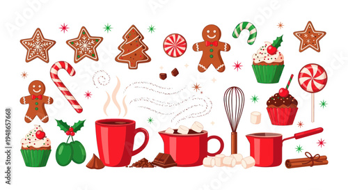 Christmas Treats and Hot Drinks Flat Lay - Gingerbread, Candy Cane, Hot Chocolate