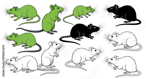 Diverse Mice Collection: Green, Black, and White Rodents in Various Poses