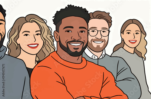 Group of diverse friends smiling together in a studio setting in bright colors during the daytime