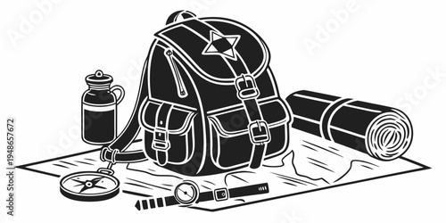 a backpack and camping gear on a map Vector