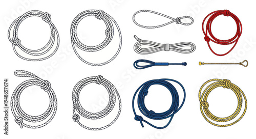 Collection of various ropes and lassoes, different colors and knots