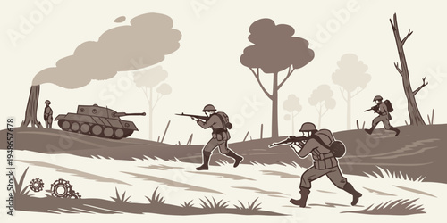soldiers advancing with a tank in a war zone Vector