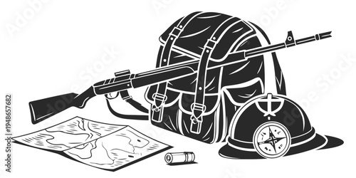 a backpack with a rifle and a map on the ground Vector