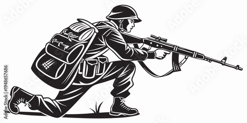 soldier in kneeling position aiming rifle Vector