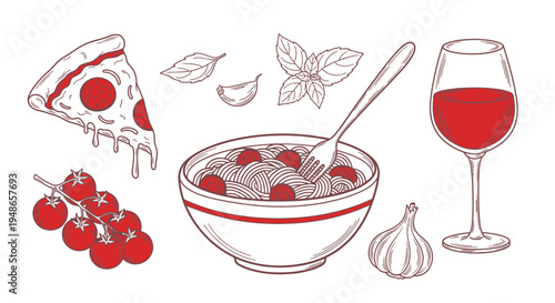 Italian Food Ingredients: Pizza, Pasta, Wine, Tomatoes, Garlic, Basil - Sketch Style