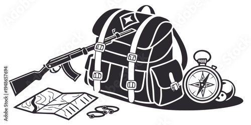 a backpack with a rifle and a pocket watch Vector