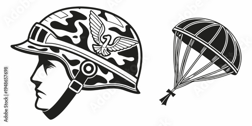 a military helmet and a parachute Vector