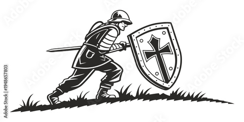 a medieval knight in armor holding a shield with a cross Vector