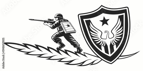 a soldier aiming a rifle next to a shield with a star and wings Vector
