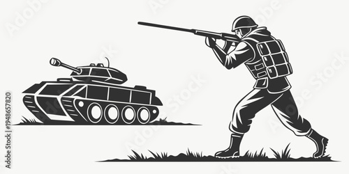 soldier aiming rifle next to a tank Vector