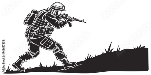 soldier in combat gear aiming a rifle on a hill Vector