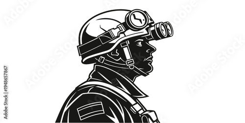 a miner wearing a helmet and headlamp Vector