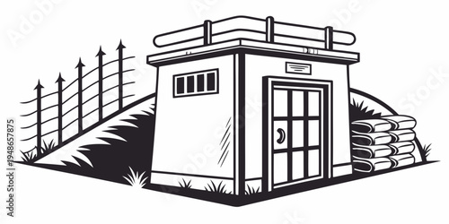 a small white building with a door and window on a hill Vector