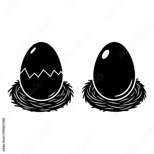 Two cracked eggs nestled in woven straw baskets awaiting hatching or cooking Vector, illustration