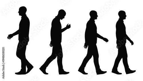 A series of four black silhouette figures of men walking in a line, depicting different stages of the human gait cycle with arms and legs in various positions