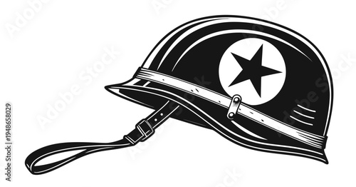 a black and white illustration of a military helmet with a star on it Vector