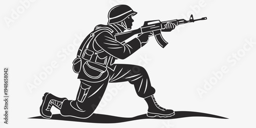 a soldier is kneeling and aiming a rifle Vector