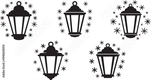 Black lanterns and stars on white background illustration design