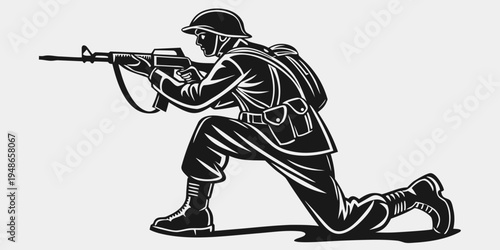 soldier in a kneeling position aiming a rifle Vector