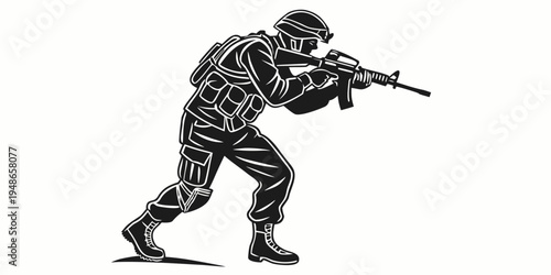 a soldier in combat gear aiming a rifle to the right Vector