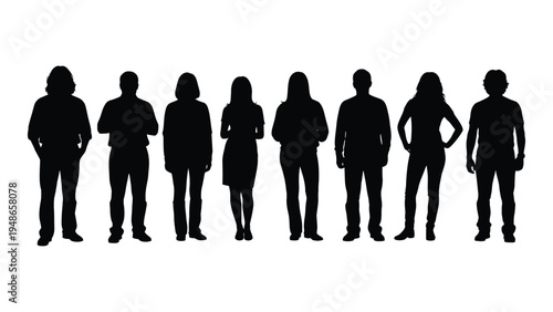 A group of eight people standing in a line, depicted in black silhouettes against a white background, conveying a sense of unity and solidarity, with varying postures and attire